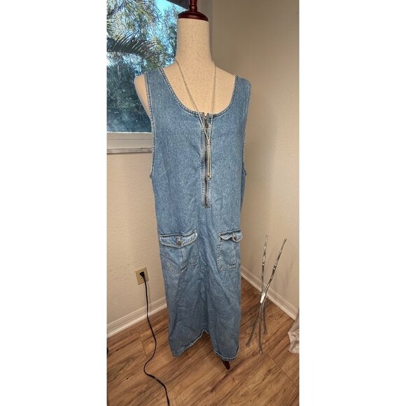 Vtg 90 Denim Jumper Maxi Dress L Front Zipper Pockets Modest Country Teacher Y2K - Picture 1 of 16